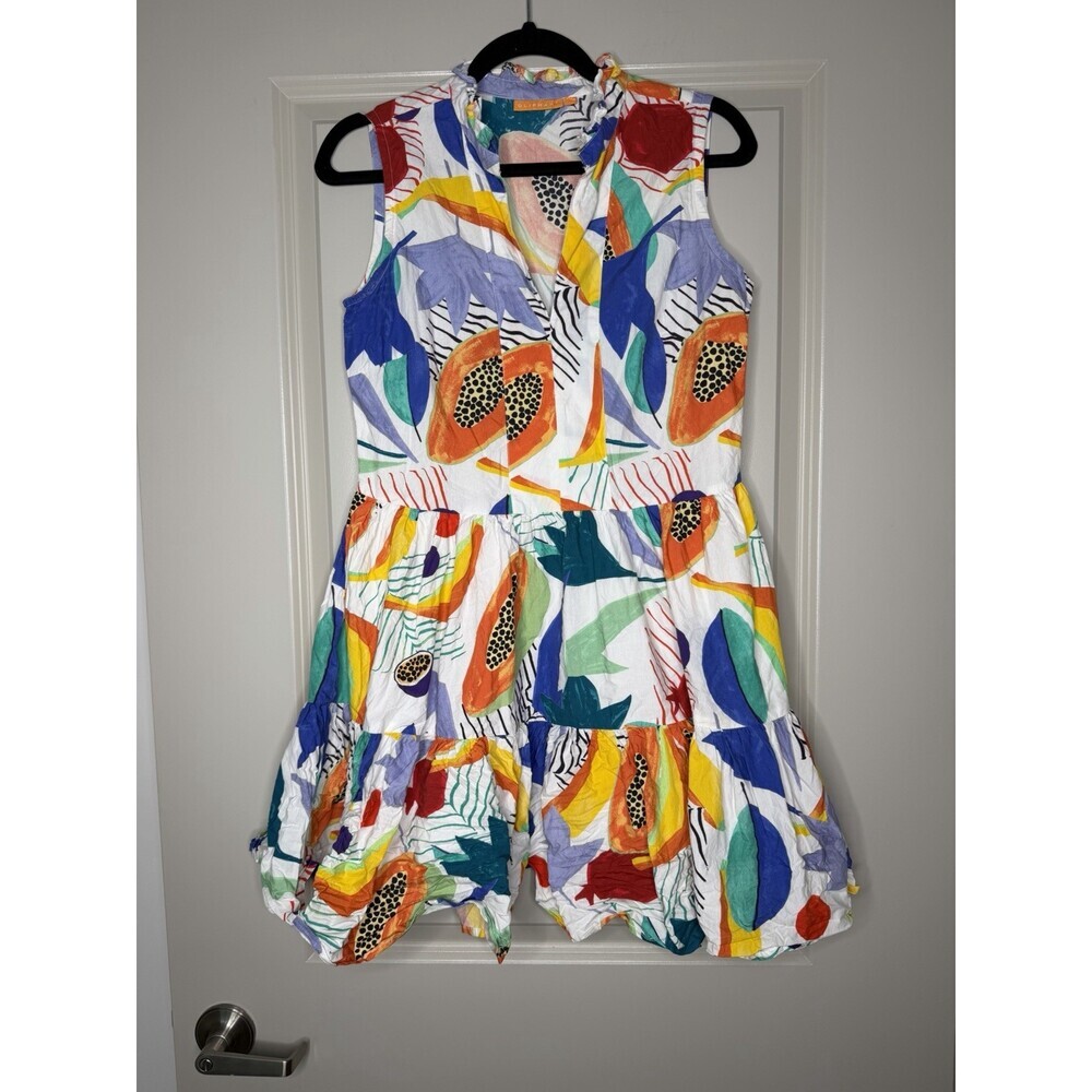 Oliphant Papaya Print Tiered Ruffle Sleeveless Mini Dress V Neck Size XS